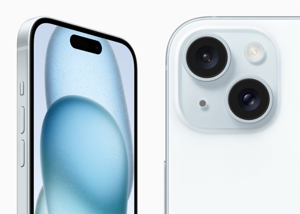 Image of the front and back of a white iPhone 15