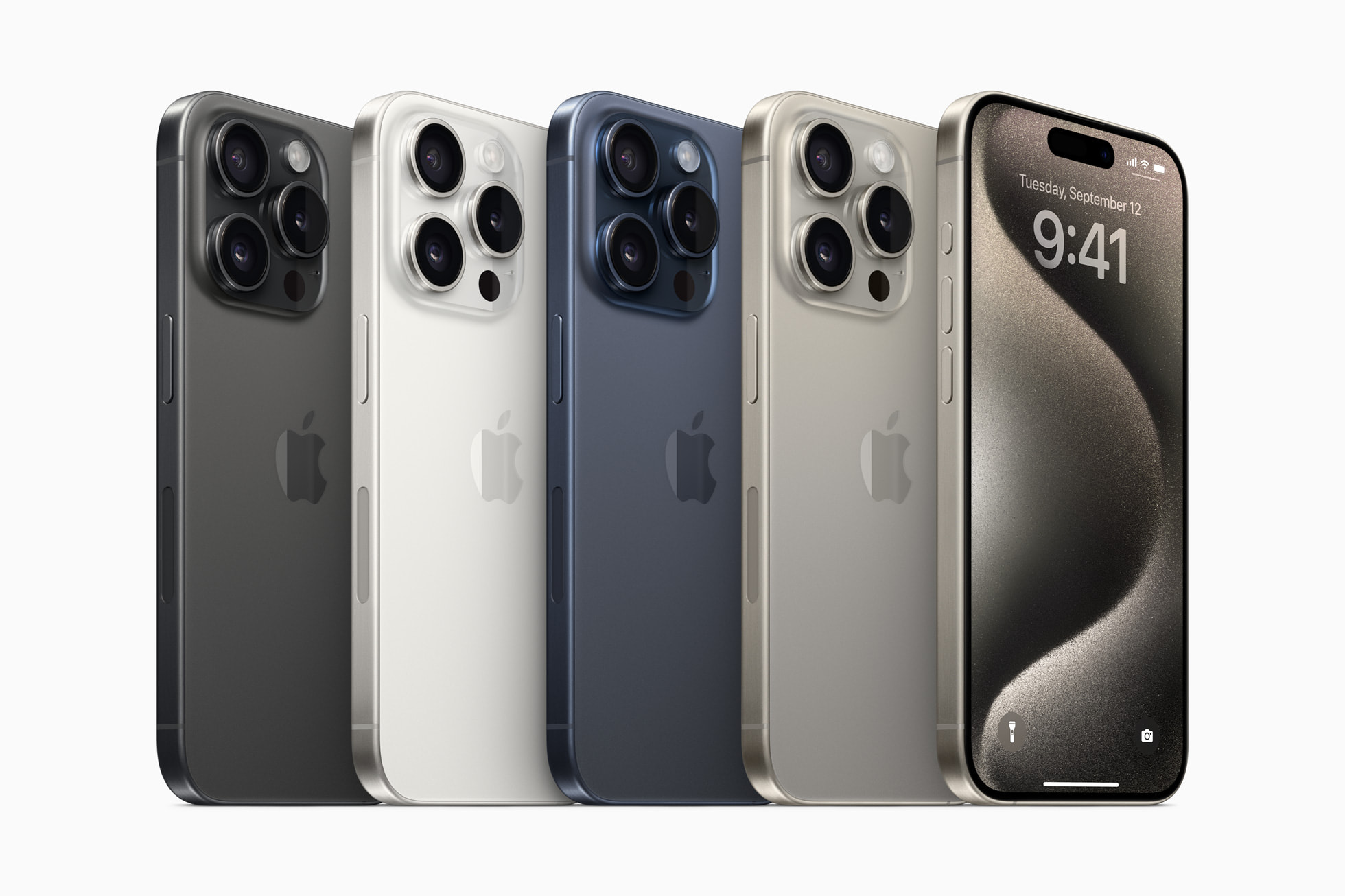 An image of all color finishes of the iPhone 15 Pro lineup.
